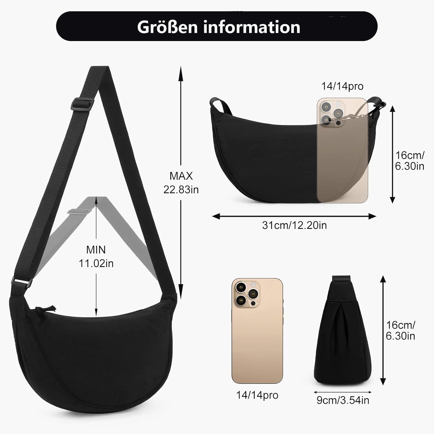 Damen Halbmond Crossbody Schultertasche Einfarbig Umhängetasche Tragbar