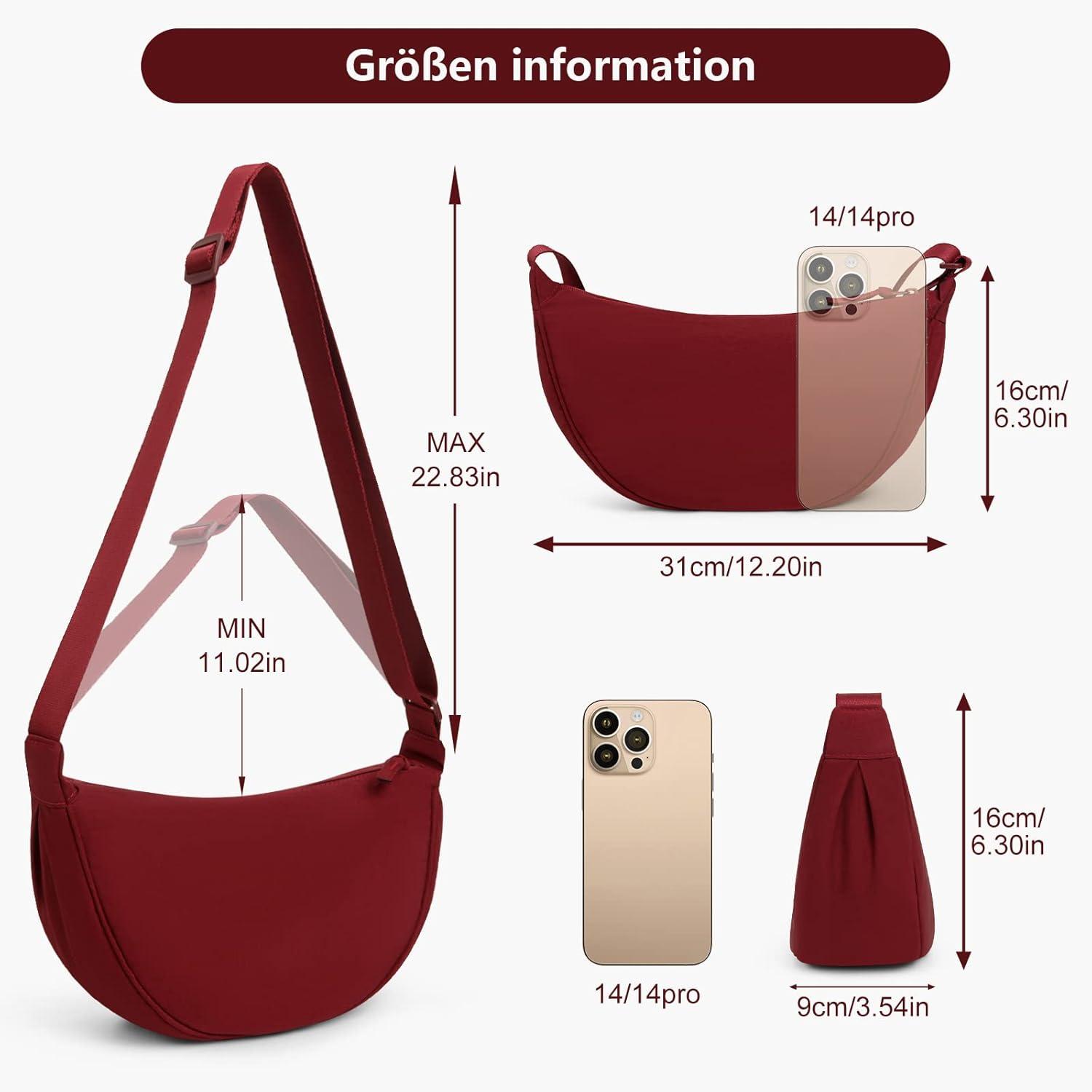 Damen Halbmond Crossbody Schultertasche Einfarbig verstellbarer Schultergurt A-rot
