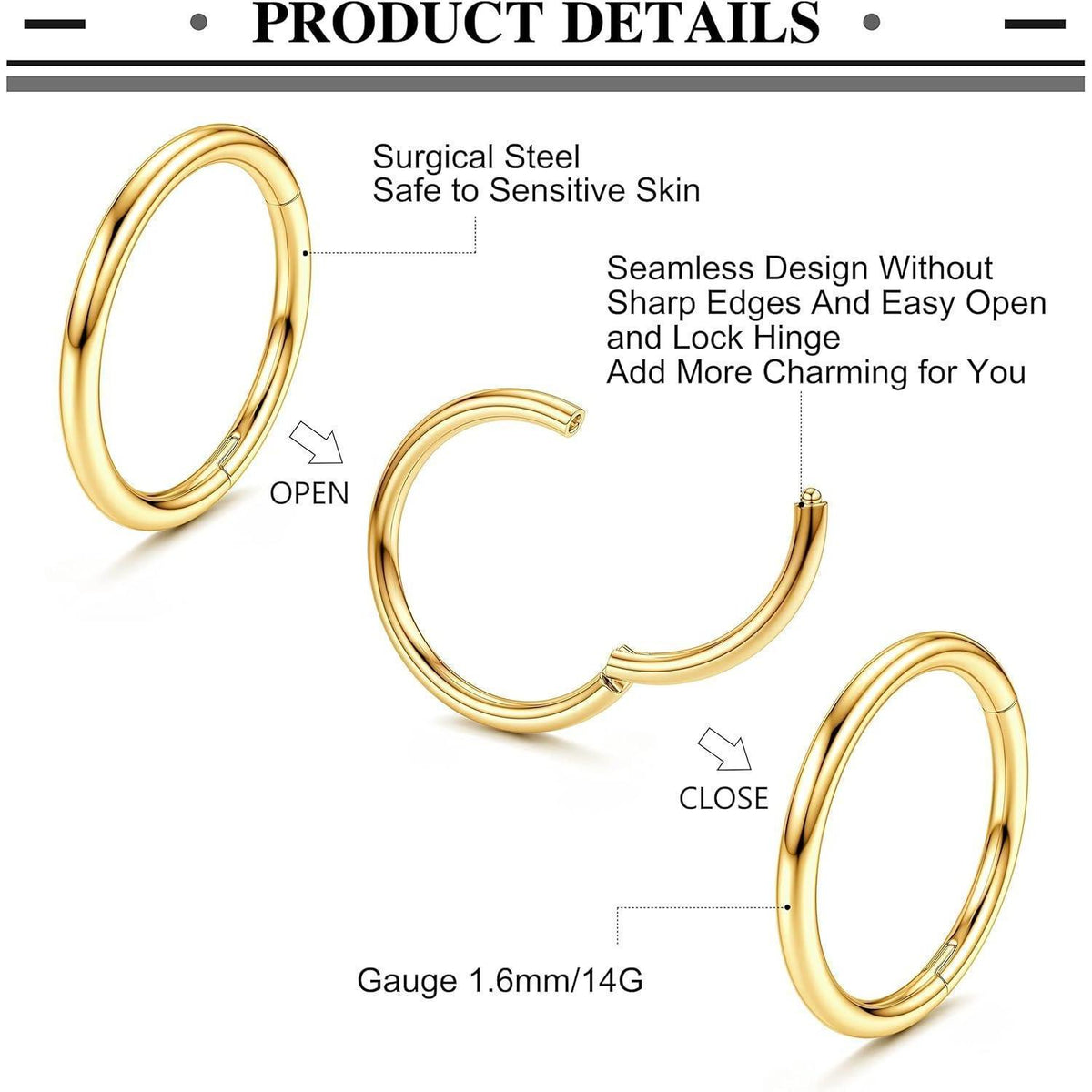 Bauchnabelpiercing Hoop aus Edelstahl mit Opal-Scharnier, Gold 12mm