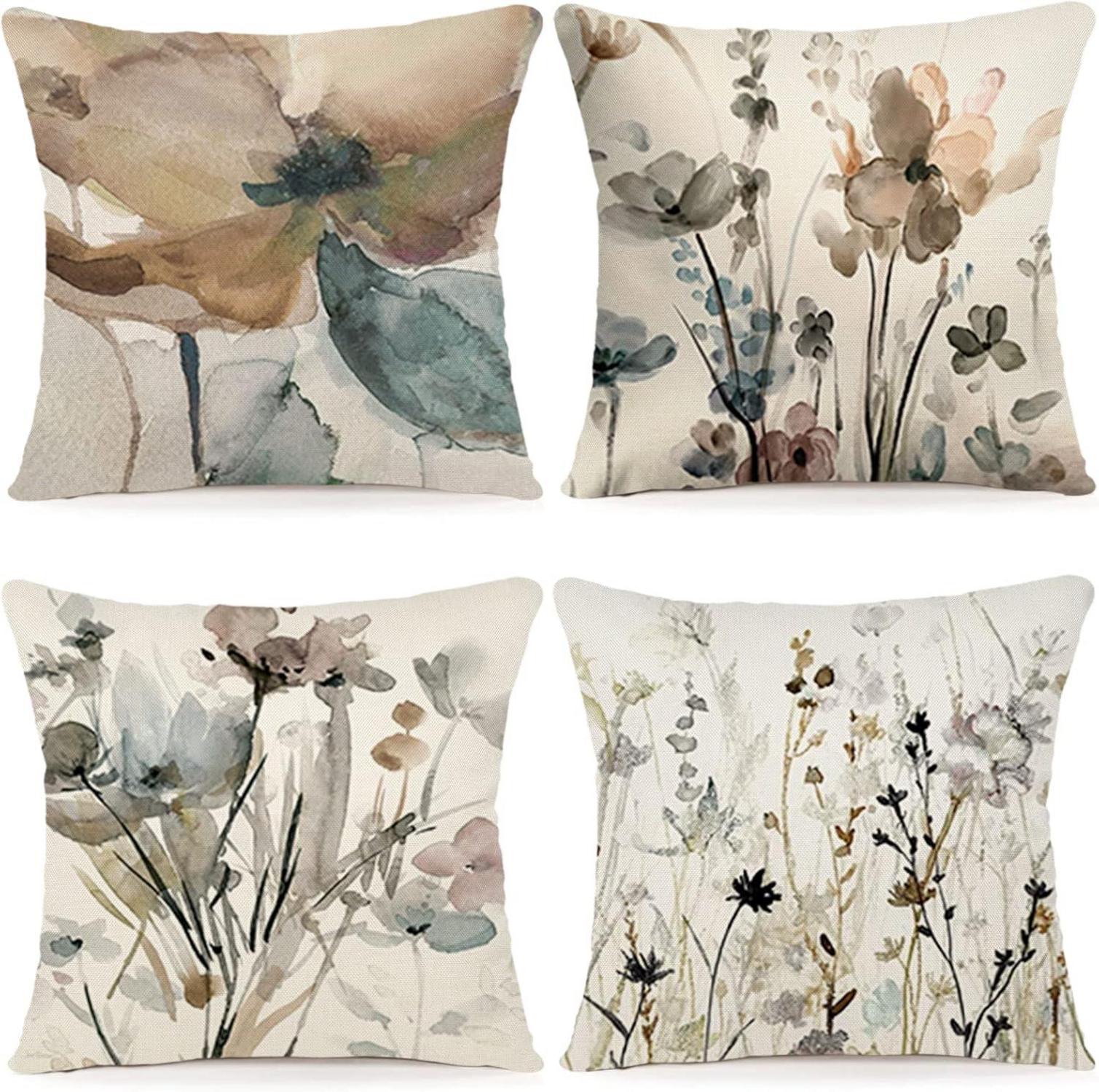 Blumen Kissenbezug 40x40 4er Set Leinen Sofakissen Aquarellmalerei
