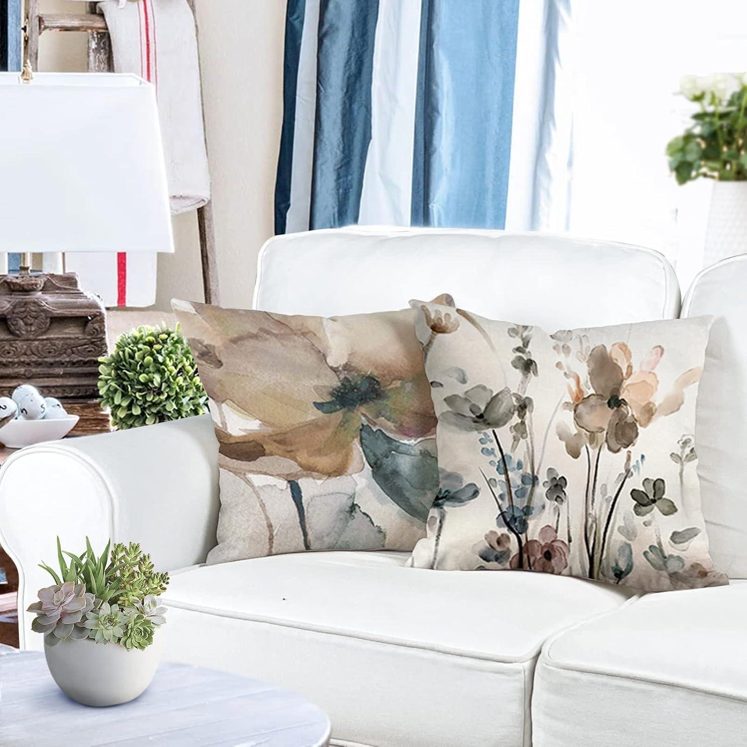Blumen Kissenbezug 40x40 4er Set Leinen Sofakissen Aquarellmalerei