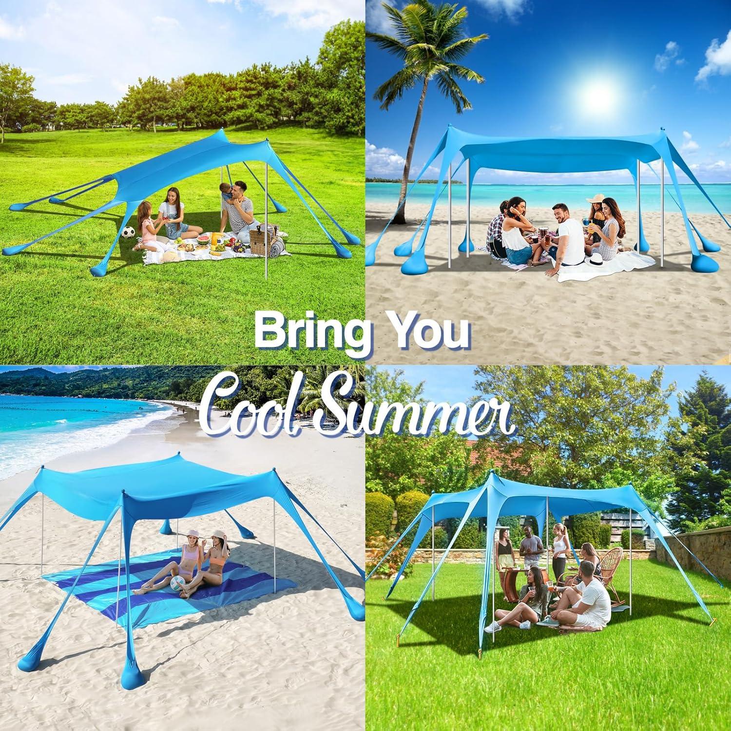 Strandmuschel UPF50+ Sonnenschutz mit Sandschaufeln und Stangen - Tragbares Sonnensegel für Camping & Garten