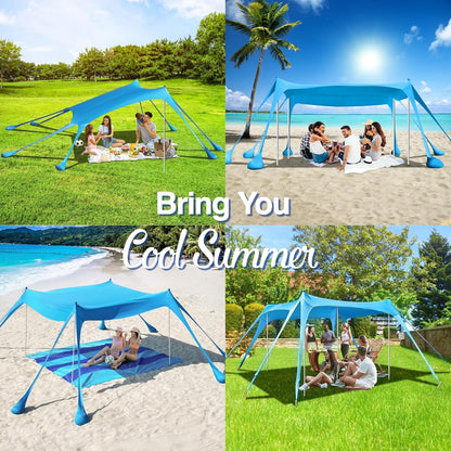 Strandmuschel UPF50+ Sonnenschutz mit Sandschaufeln und Stangen - Tragbares Sonnensegel für Camping & Garten