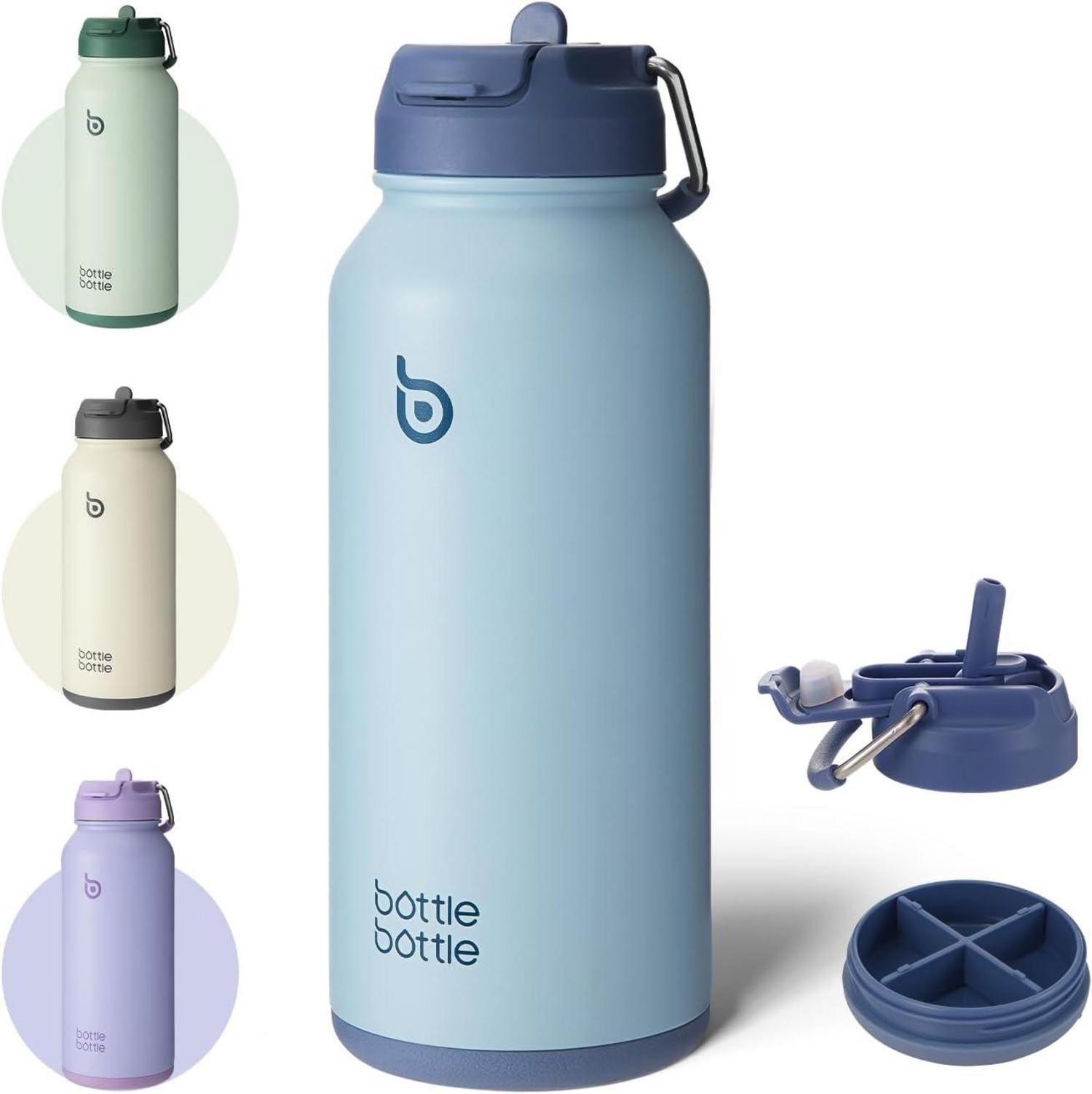 Isolierte Edelstahl Trinkflasche 1L mit Strohhalm und Pillendose