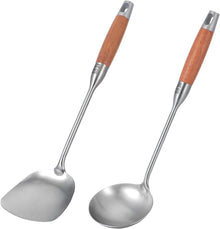 Edelstahl Küchenhelfer-Set Wok-Spatel Suppenkelle Holzgriff 2-teilig