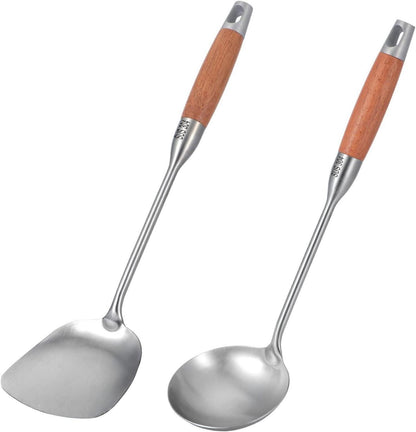 Edelstahl Küchenhelfer-Set Wok-Spatel Suppenkelle Holzgriff 2-teilig