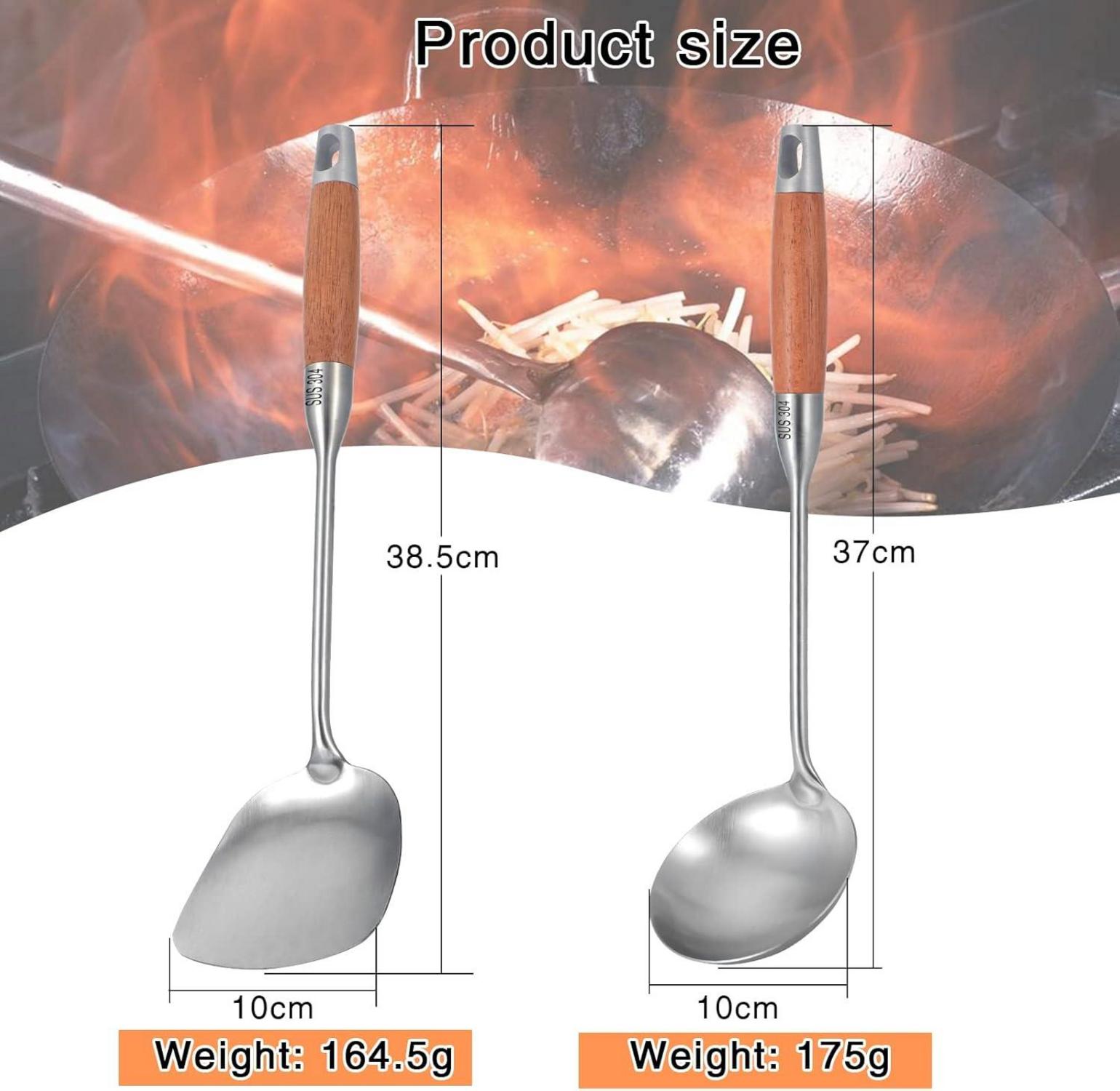 TsunNee Küchenhelfer-Set Edelstahl Wok-Spatel Suppenkelle 304 Holzgriff 37x10cm