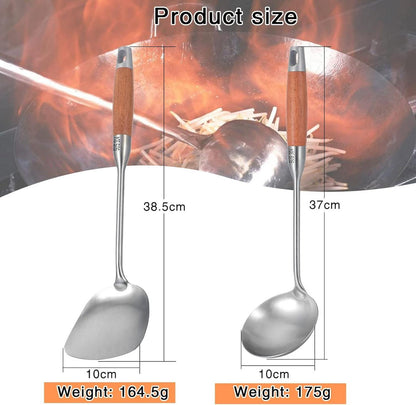 TsunNee Küchenhelfer-Set Edelstahl Wok-Spatel Suppenkelle 304 Holzgriff 37x10cm
