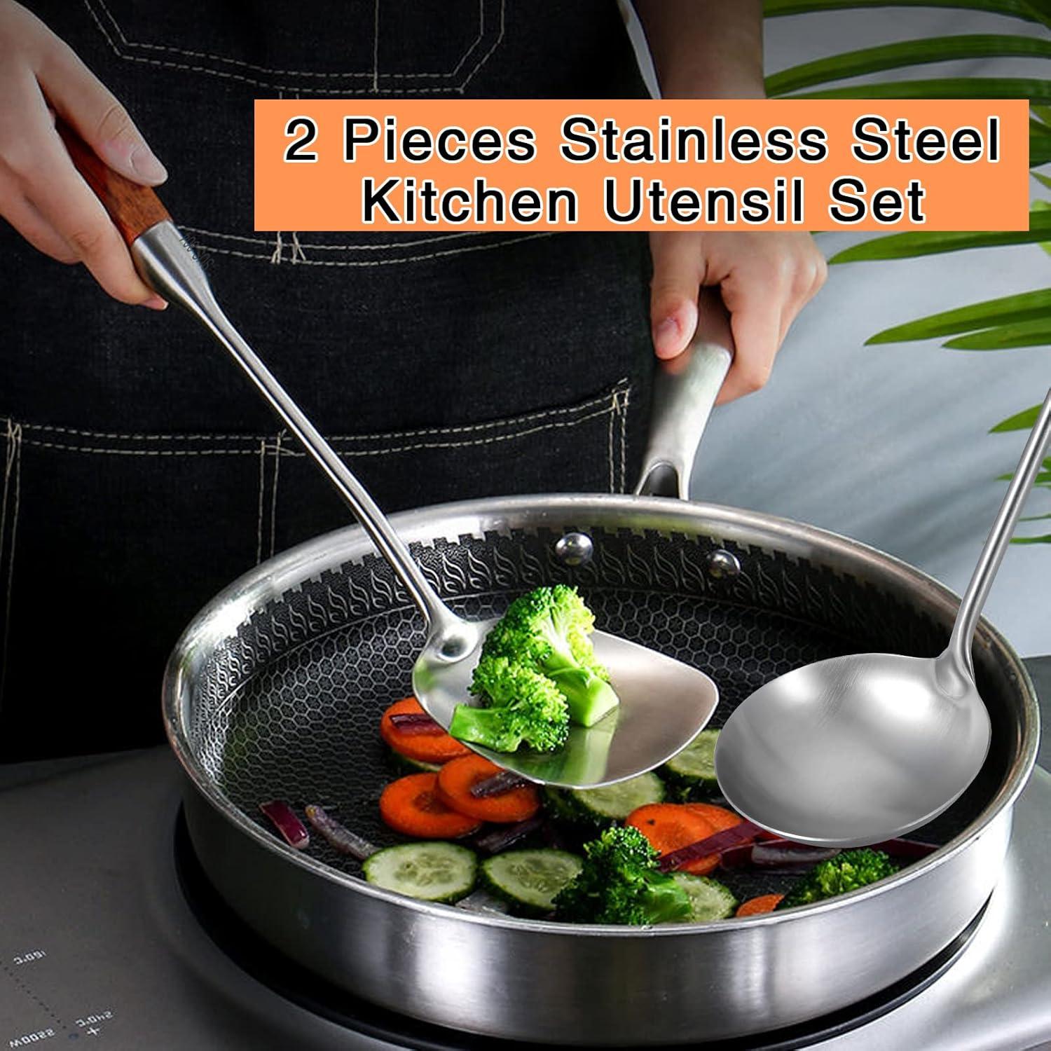 Küchenhelfer-Set Edelstahl Wok-Spatel Suppenkelle 304 2-teilig Silber