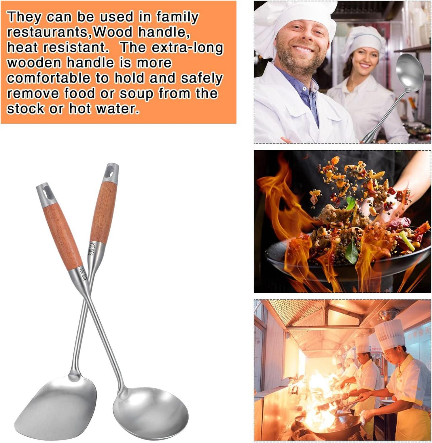 Küchenhelfer-Set Edelstahl Wok-Spatel Suppenkelle Holzgriff 2-teilig