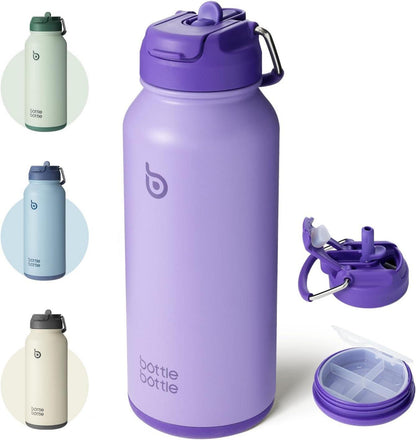 Edelstahl Trinkflasche 1L Strohhalm Thermoskanne Sport Isolierflasche