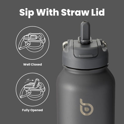 Isolierte Sport-Wasserflasche 1,2 l mit Strohhalm und Pillenhalter