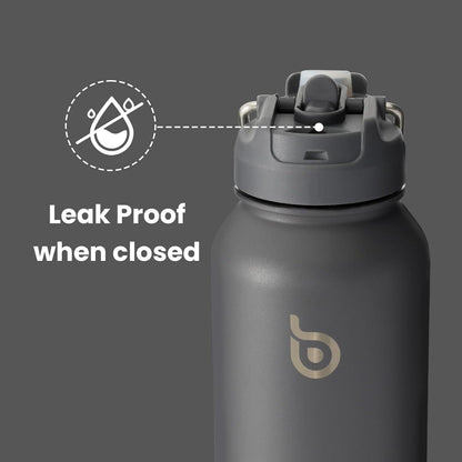 Isolierte Sport-Wasserflasche 1,2 l mit Strohhalm und Pillenhalter, grau