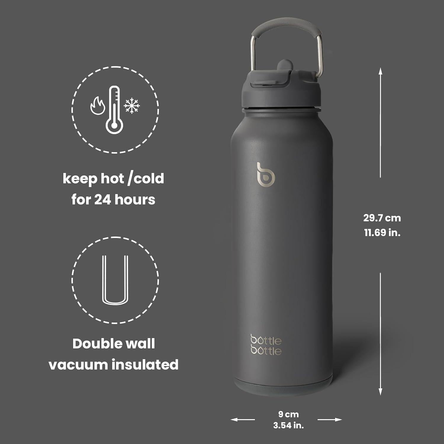 Sport-Wasserflasche aus Edelstahl 1,2 l isoliert mit Strohhalm und