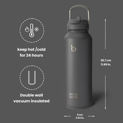 Sport-Wasserflasche aus Edelstahl 1,2 l isoliert mit Strohhalm und
