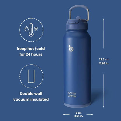 Isolierte Wasserflasche mit Strohhalm, Edelstahl, 1,2 l, Blau