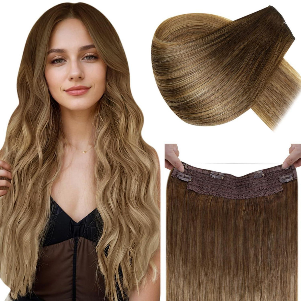 Echthaar Verlängerung Braun Ombre mit Draht – 45 cm