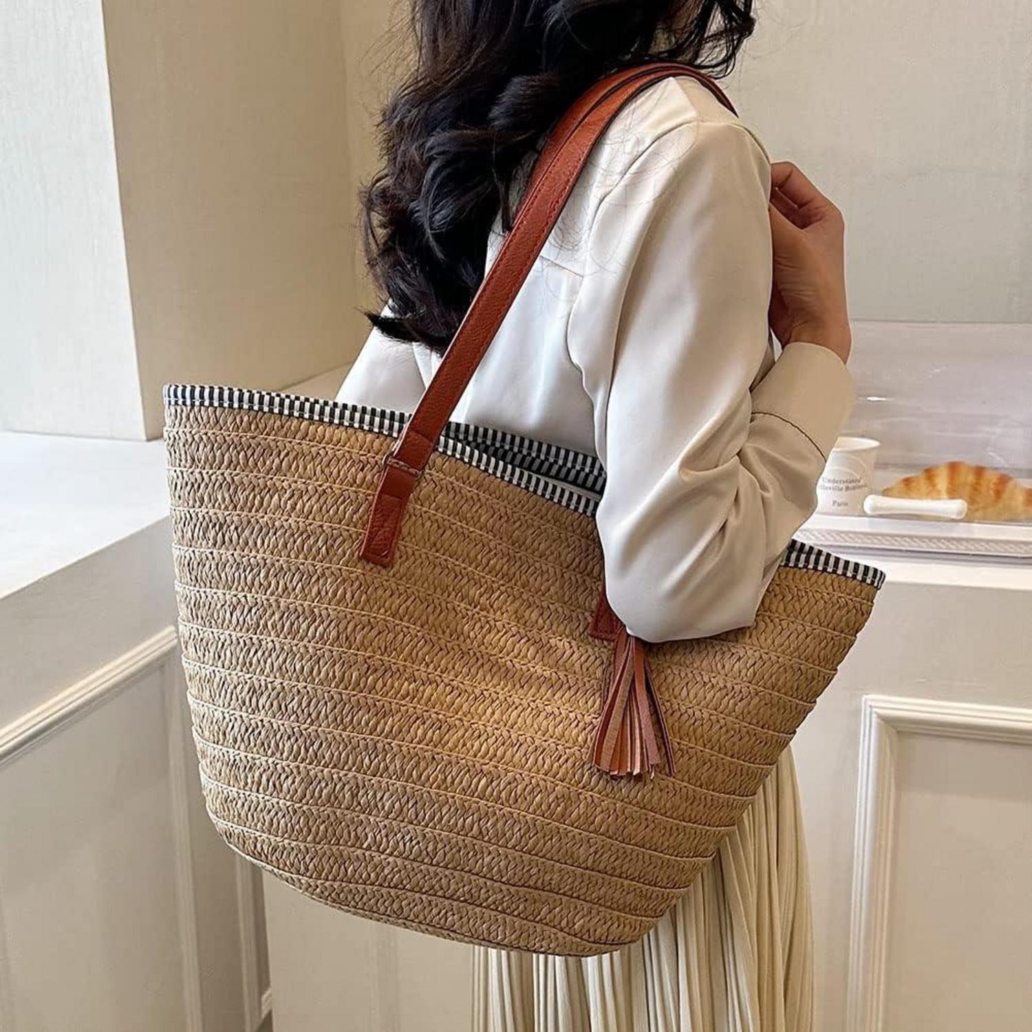 Strohtasche Damen Groß Geflochten Korbtasche Reißverschluss