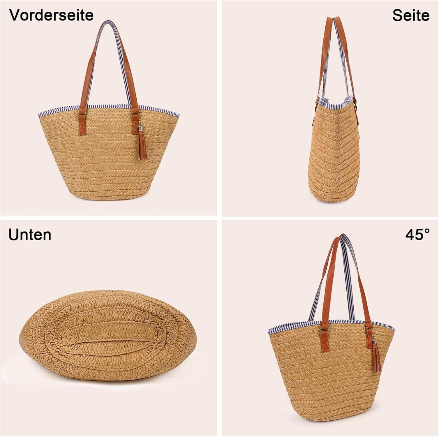 Strohtasche Damen Sommer Strandtasche Stroh Groß Geflochten Korbtasche