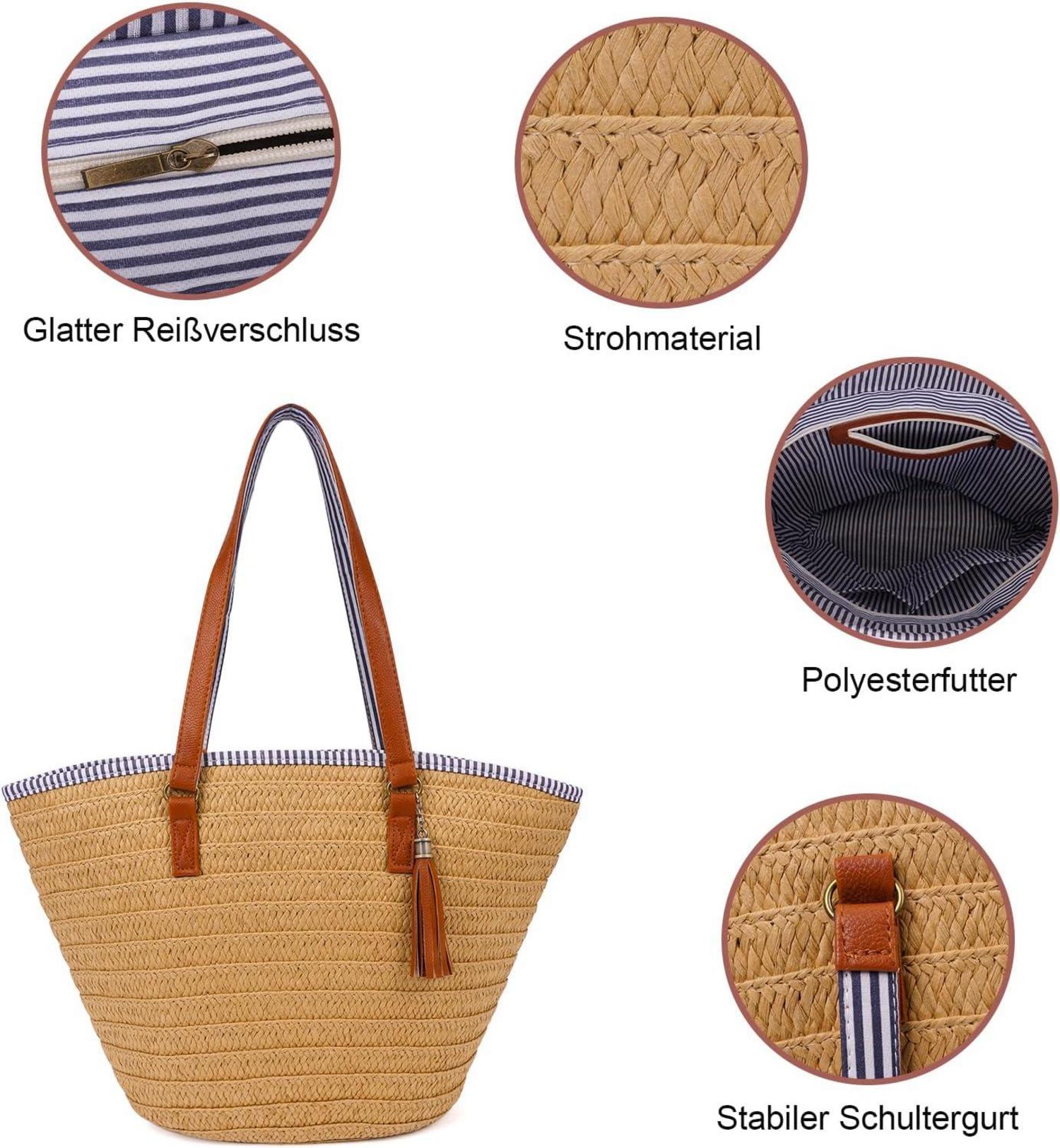 Strohtasche Damen Sommer Strandtasche Groß Geflochten Korbtasche Handtasche A-braun