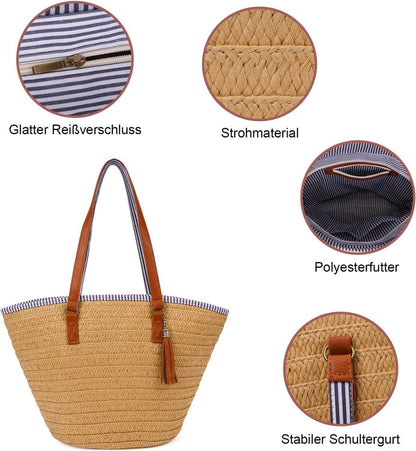 Strohtasche Damen Sommer Strandtasche Groß Geflochten Korbtasche Handtasche A-braun