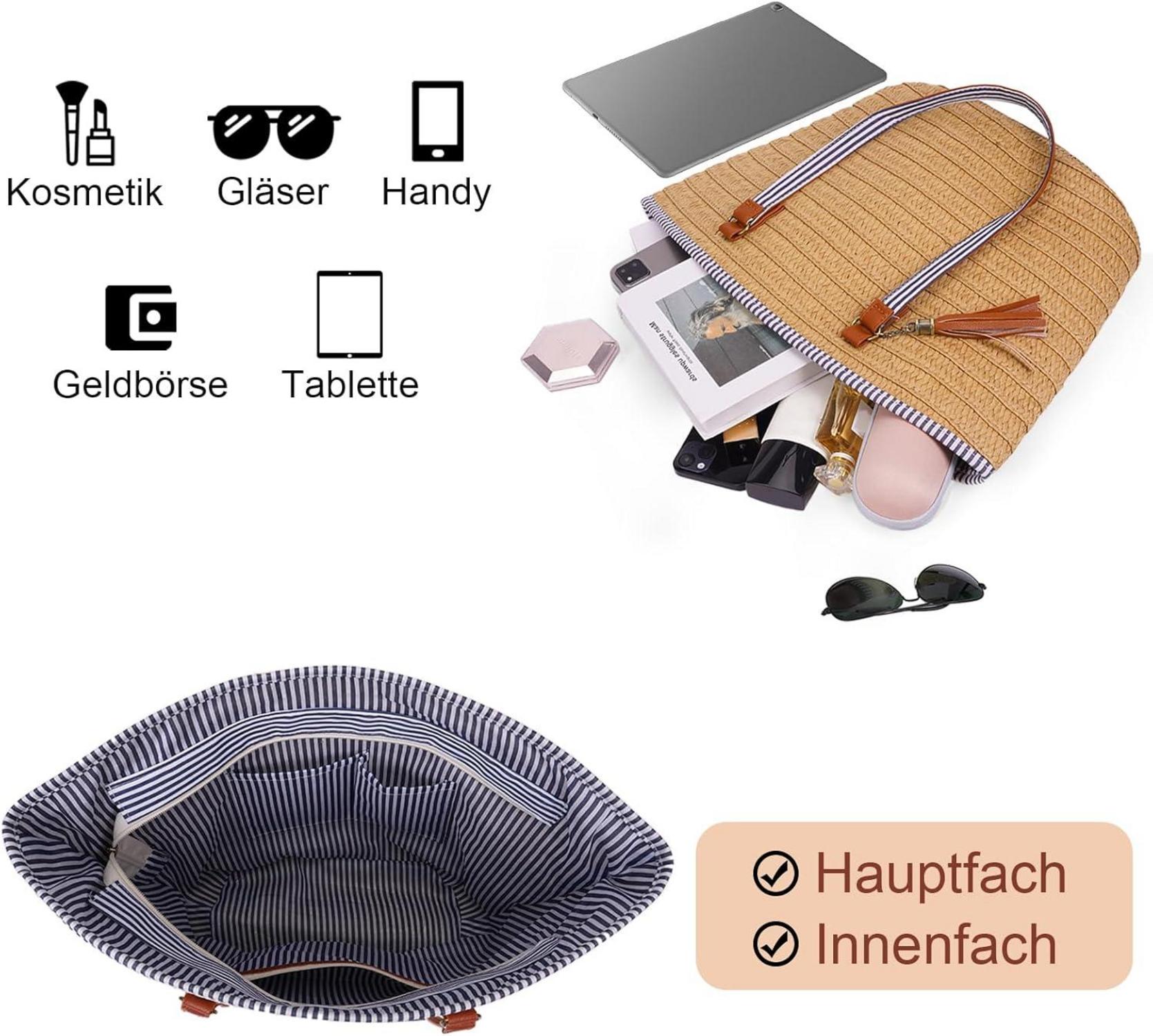 Damen Stroh Strandtasche Sommer Groß Korbtasche mit Reißverschluss A-braun
