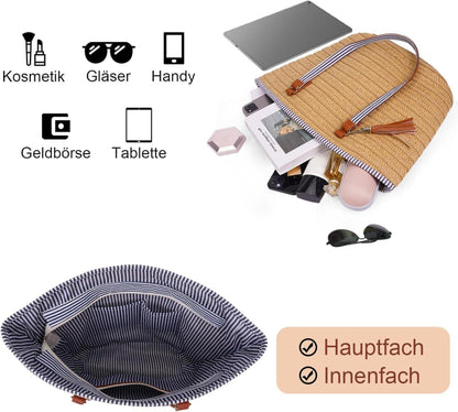 Damen Stroh Strandtasche Sommer Groß Korbtasche mit Reißverschluss A-braun