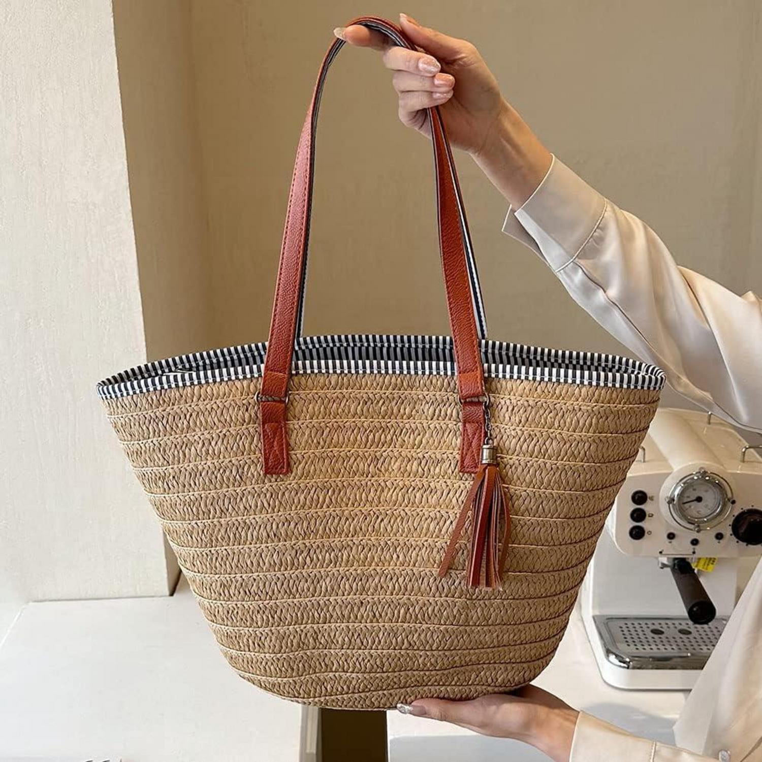 Strohtasche Damen Sommer Strandtasche Stroh Geflochten Korbtasche