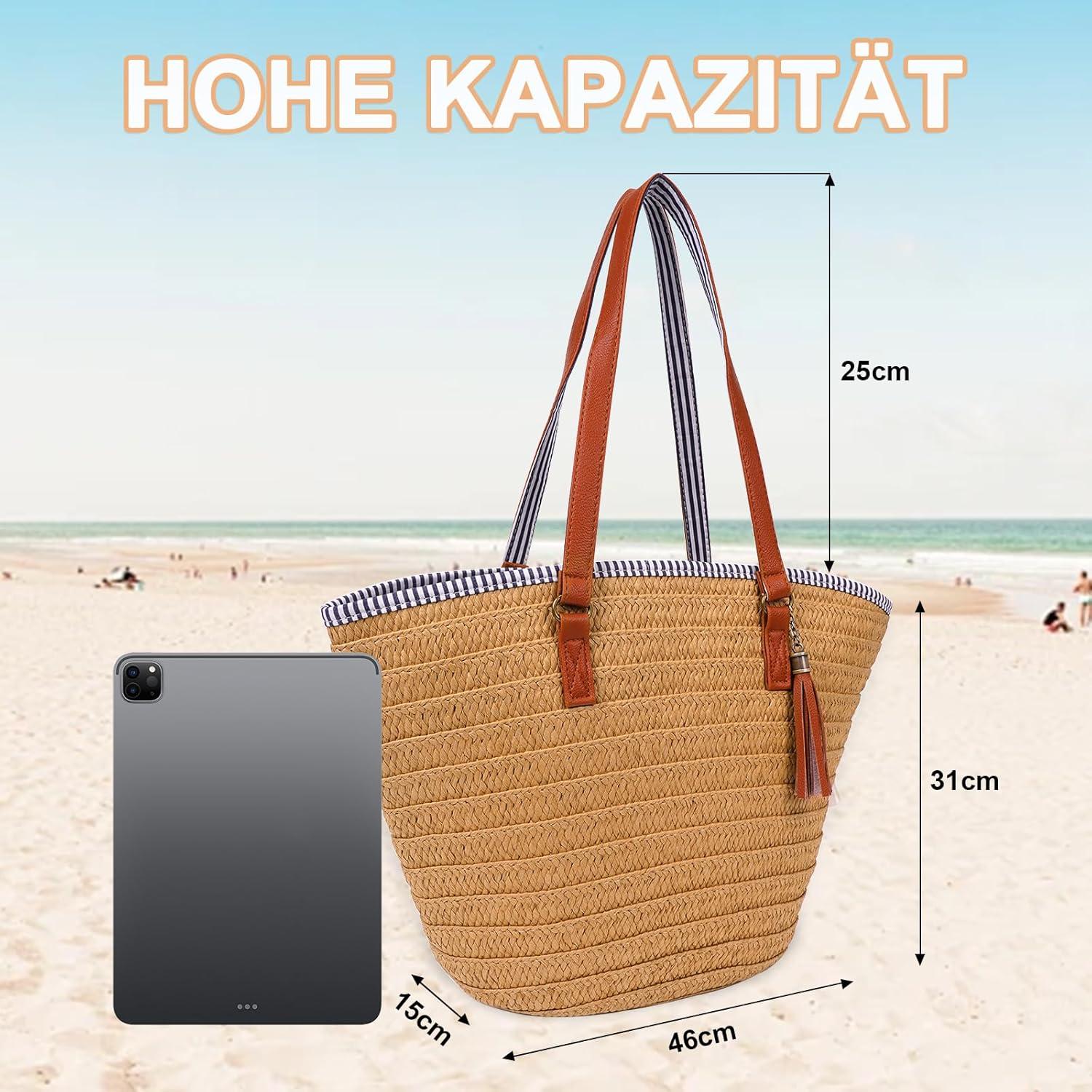 Damen Stroh Strandtasche Sommer Groß Korbtasche mit Reißverschluss A-braun