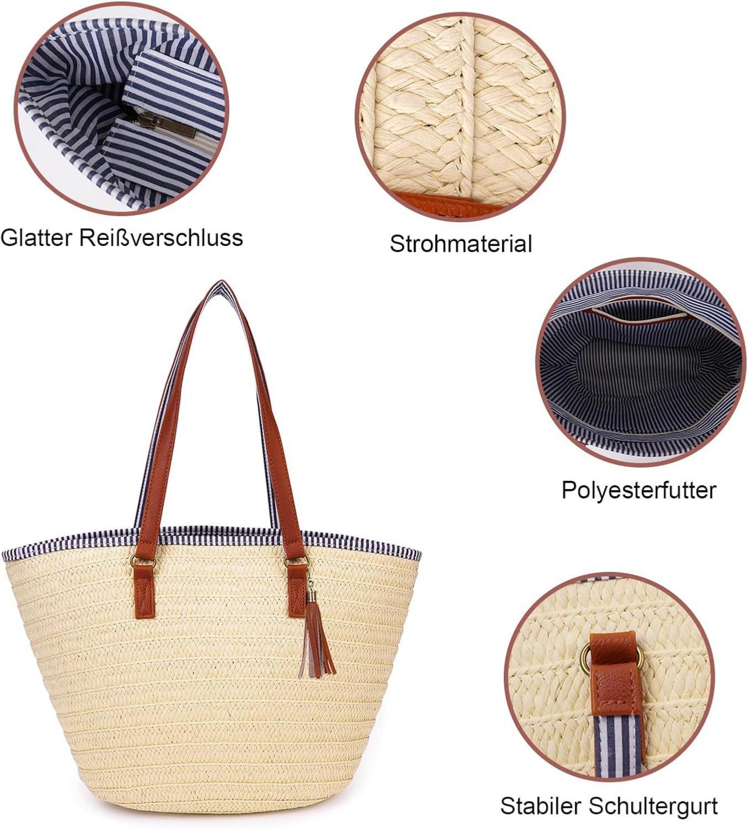 Strohtasche Damen Sommer Strandtasche Stroh Groß Geflochten Korbtasche Handtasche A-beige