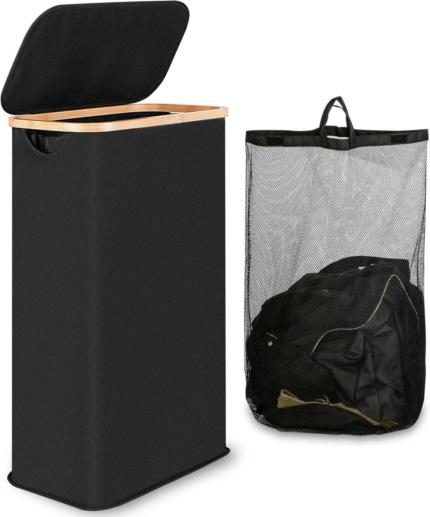 Wäschekorb mit Deckel Bambus 60L Schwarz Waschkorb