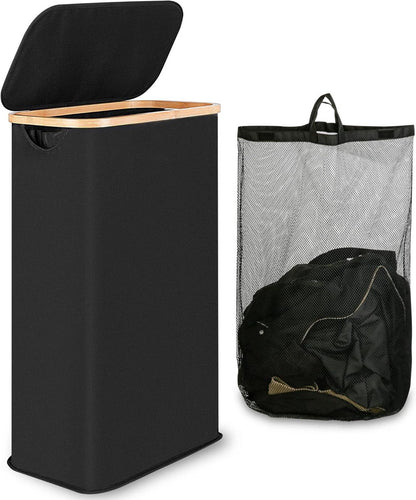 Wäschekorb mit Deckel Bambus 60L Schwarz Waschkorb