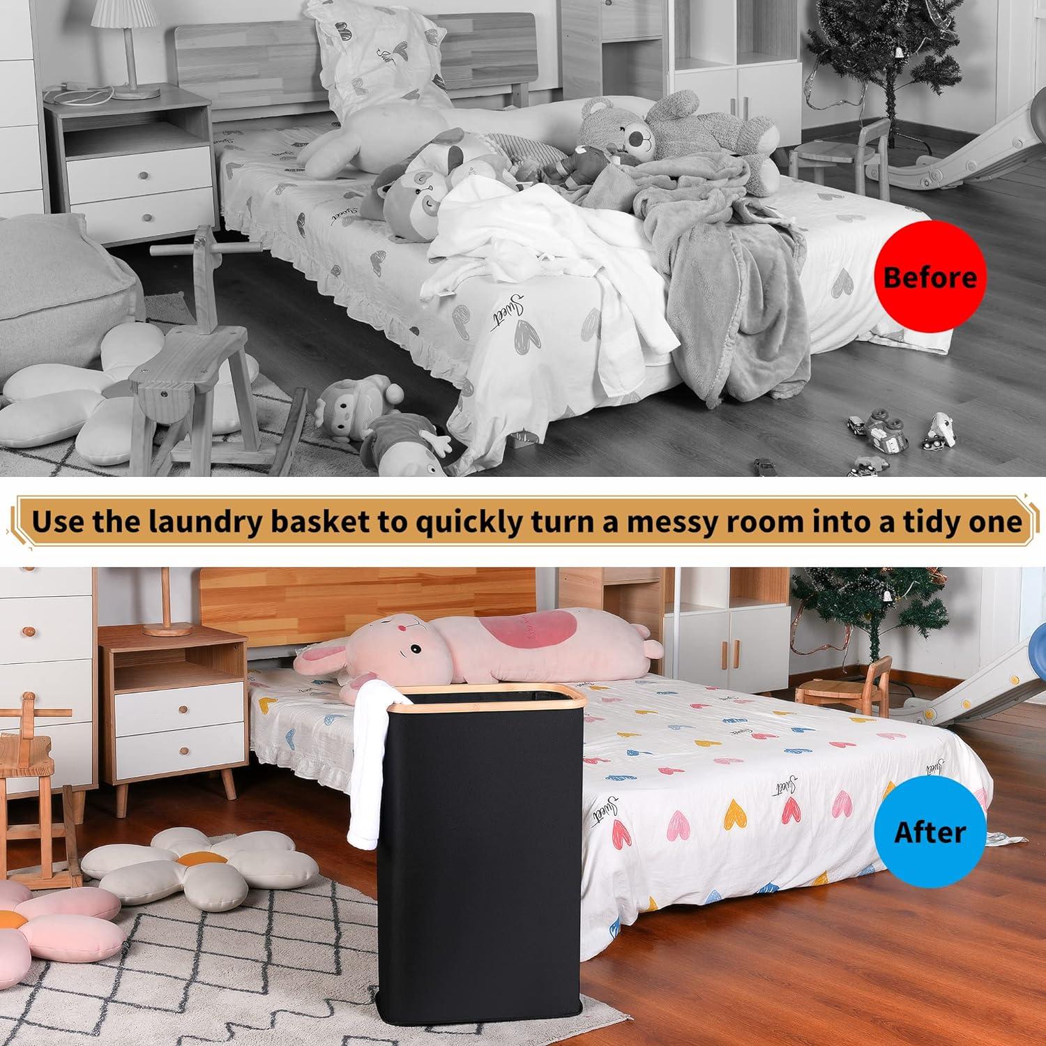 Wäschekorb mit Deckel 60L Bambus Schwarz Laundry Basket