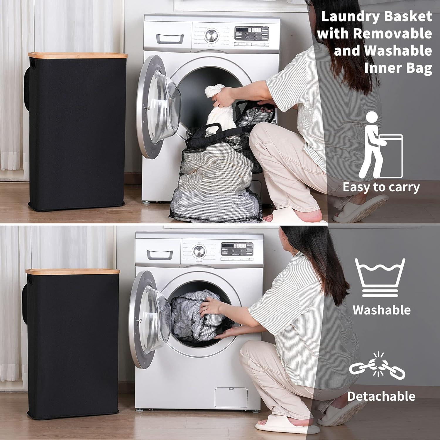 iEGrow Wäschekorb mit Deckel 60L Bambus Schwarz