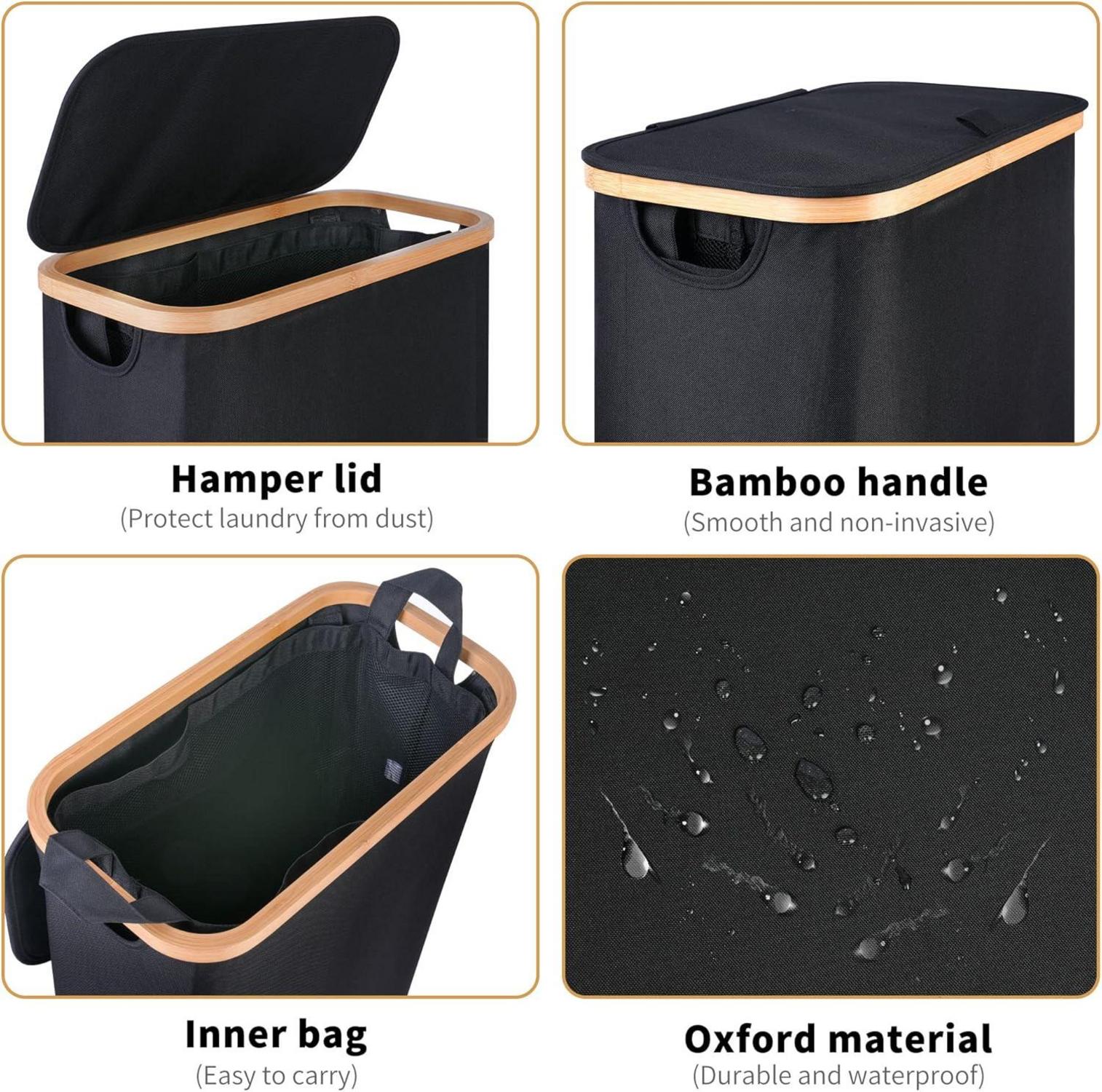 Wäschekorb 60L mit Deckel Bambus Schwarz Innentasche Waschbar