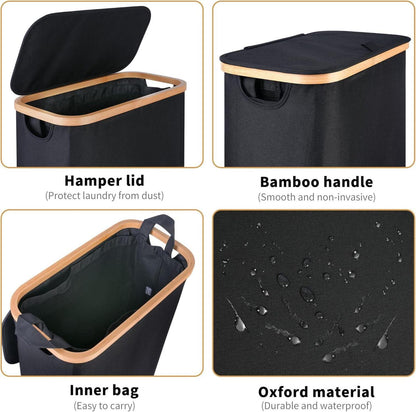 Wäschekorb 60L mit Deckel Bambus Schwarz Innentasche Waschbar