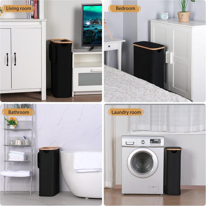 Wäschekorb mit Deckel 60L Bambus Innentasche Schwarz