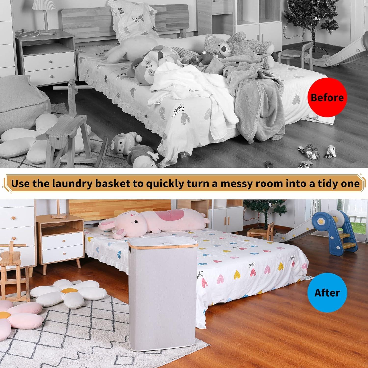 iEGrow Wäschekorb 60l Bambusgriff Deckel abnehmbarer