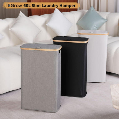 Wäschekorb 60l Schmal Laundry Basket mit Herausnehmbarer Tasche Hellgrau