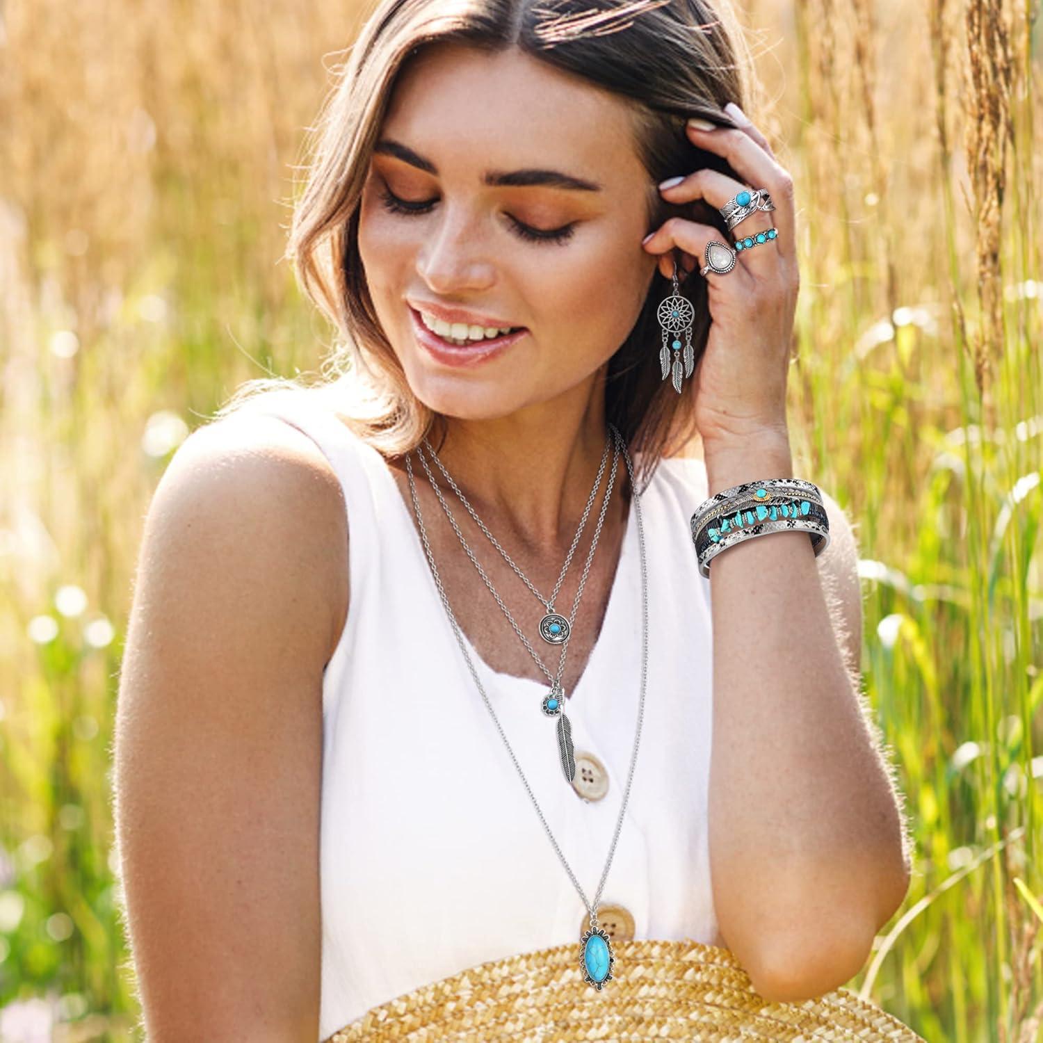 Bohemian Türkis Schmuck Set Damen Westlicher Stil Stehkragen Ohrringe Armband