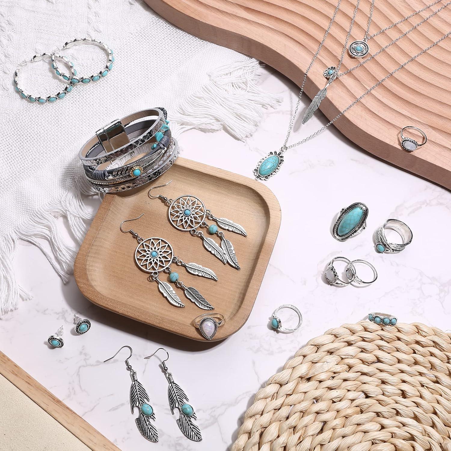 Bohemian Türkis Schmuck Set für Damen inkl. Halskette Ohrringe Armband