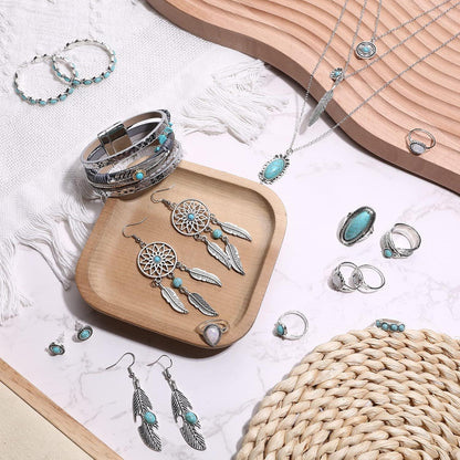Bohemian Türkis Schmuck Set für Damen inkl. Halskette Ohrringe Armband