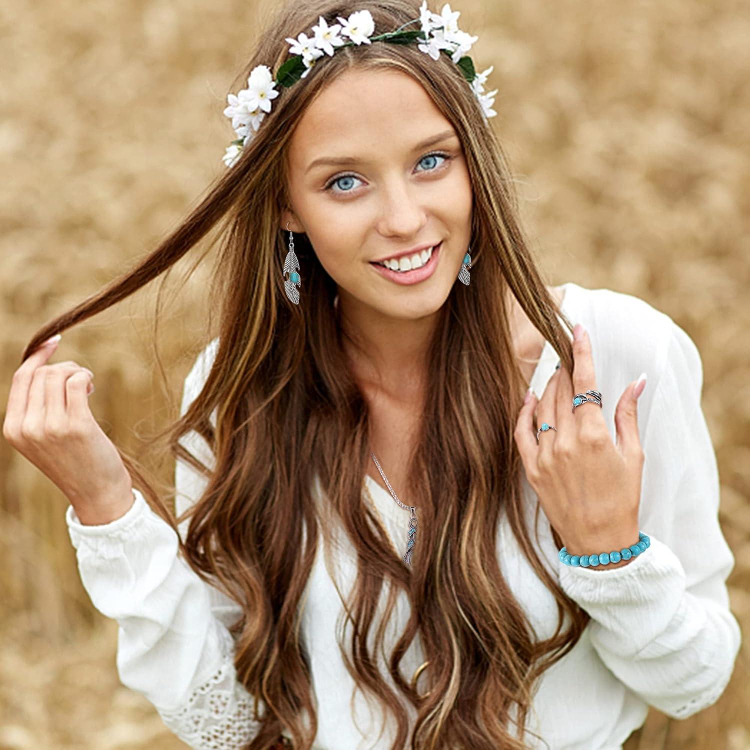 Bohemian Türkis Schmuck Set Damen Westlicher Stil Stehkragen Ohrringe Armband