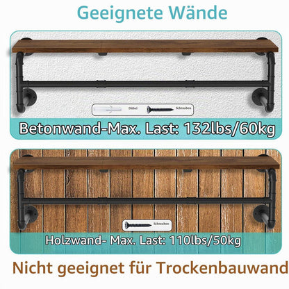 Wandgarderobe mit Ablage im Industrial Design, Vintagebraun/Schwarz