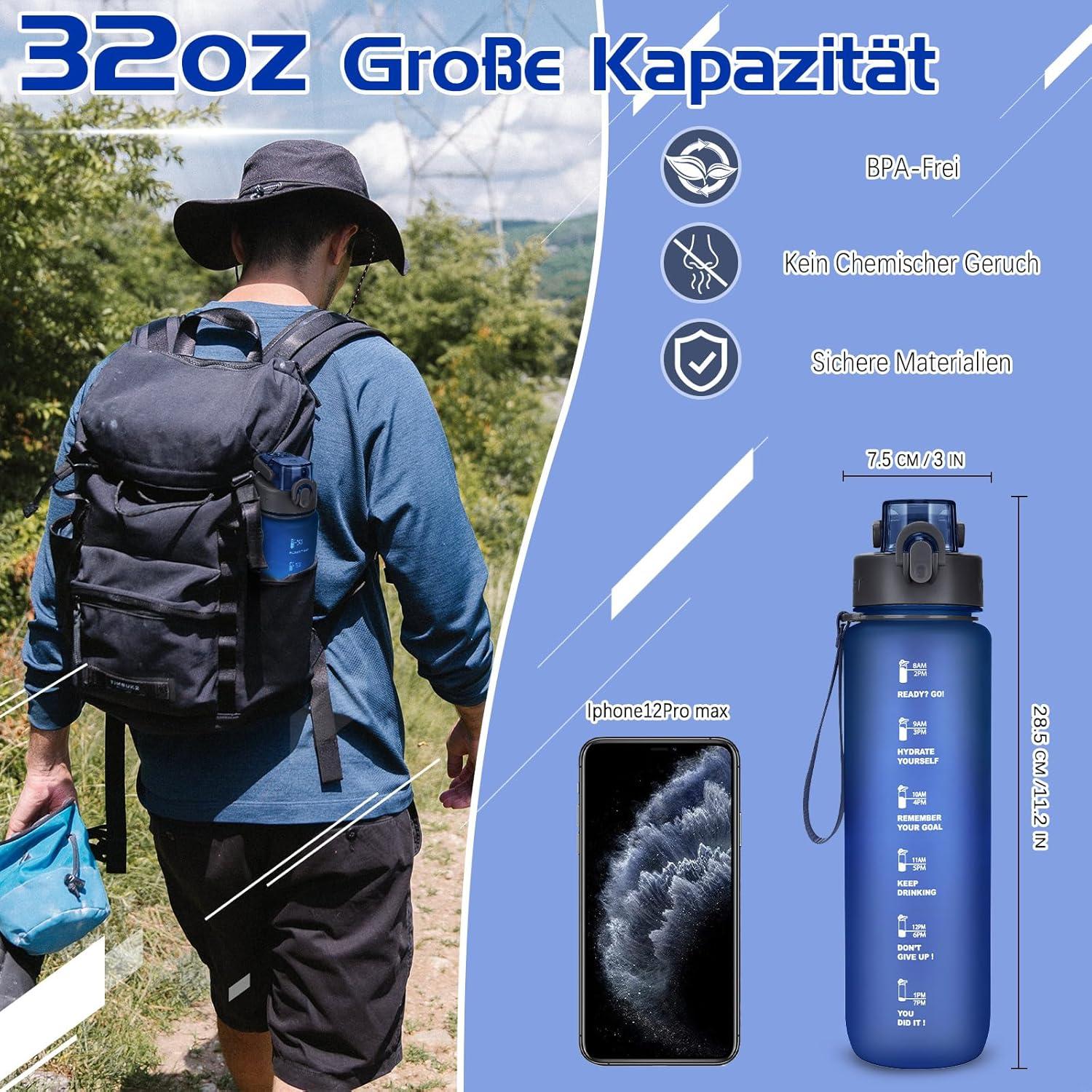Trinkflasche 1l BPA-frei Sport Auslaufsicher mit Zeitmarkierung