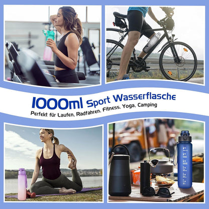 Sport Trinkflasche 1l BPA-frei Auslaufsicher Zeitmarkierung Fitness Büro