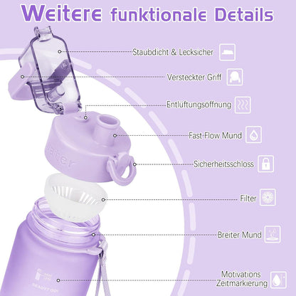 AOHAN Trinkflasche 1l BPA-Frei Sport mit Zeitmarkierung