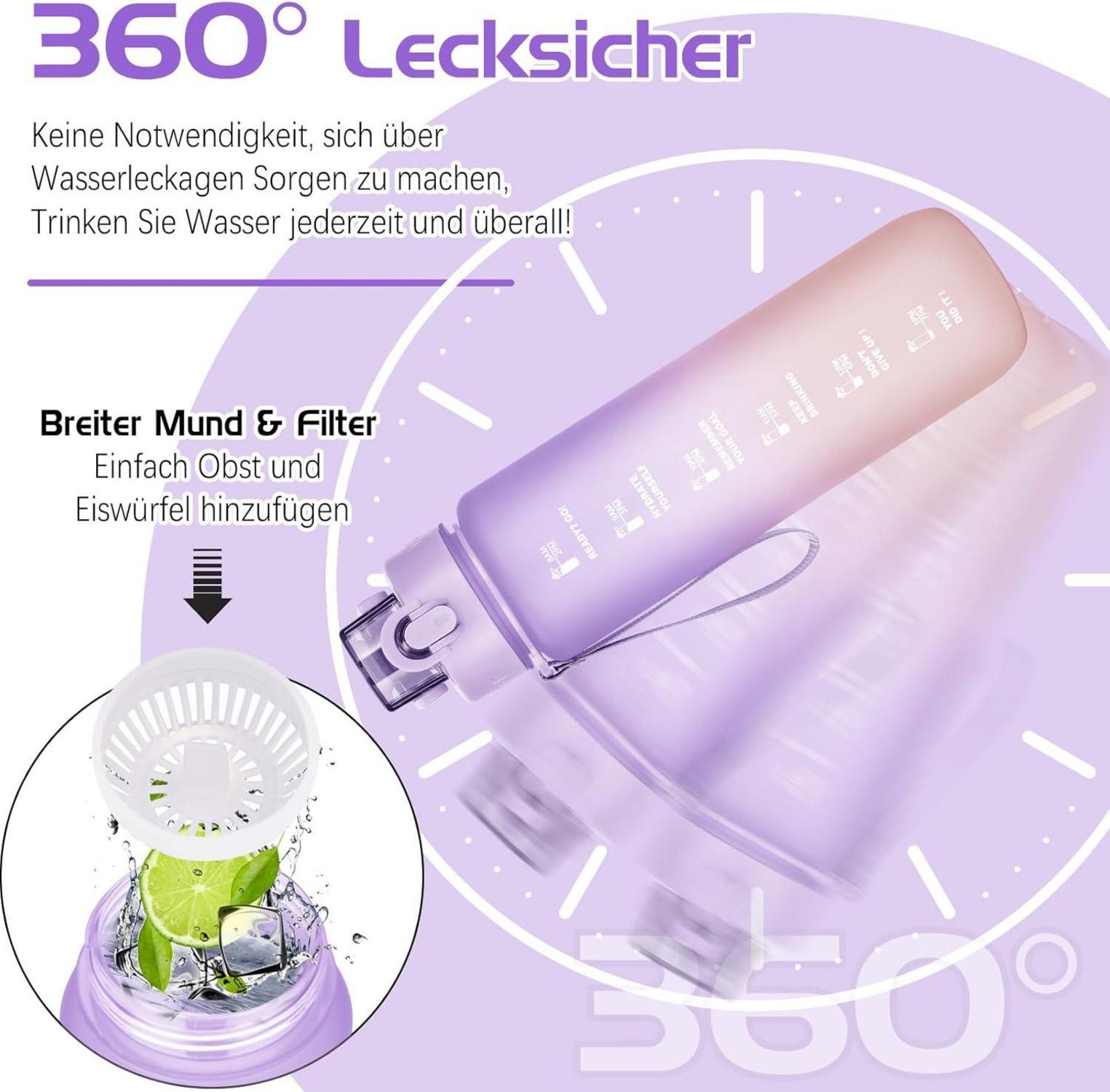 Trinkflasche 1l BPA-Frei Sport Auslaufsicher Zeitmarkierung Fitness