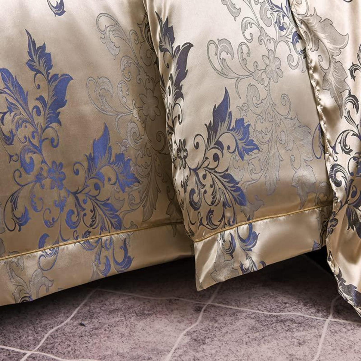 Satin Bettwäsche-Set Gold Blau Blumenmuster 200x220+80x80