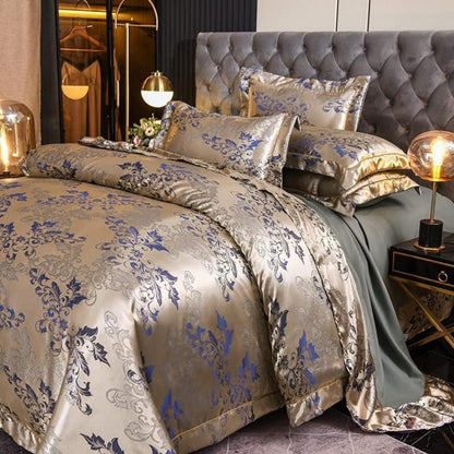 Satin Bettwäsche Set 135x200 Blumen Gold Blau Barock